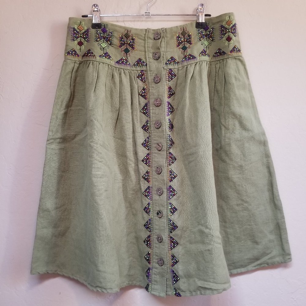 Maeve Anthropologie Embroidered Button Front Skirt
